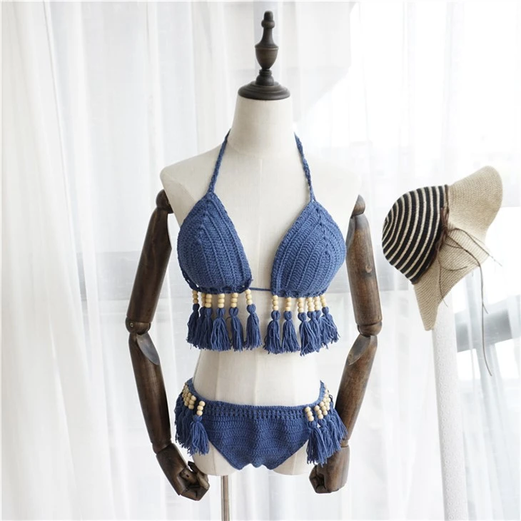 Beaded Tassel Crochet Texture Halter Bikini Set