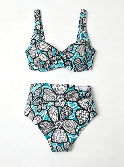 Blue White Geometric Floral Split Bikini High Waist Tummy Control Underwire Push Up Swimwear factory