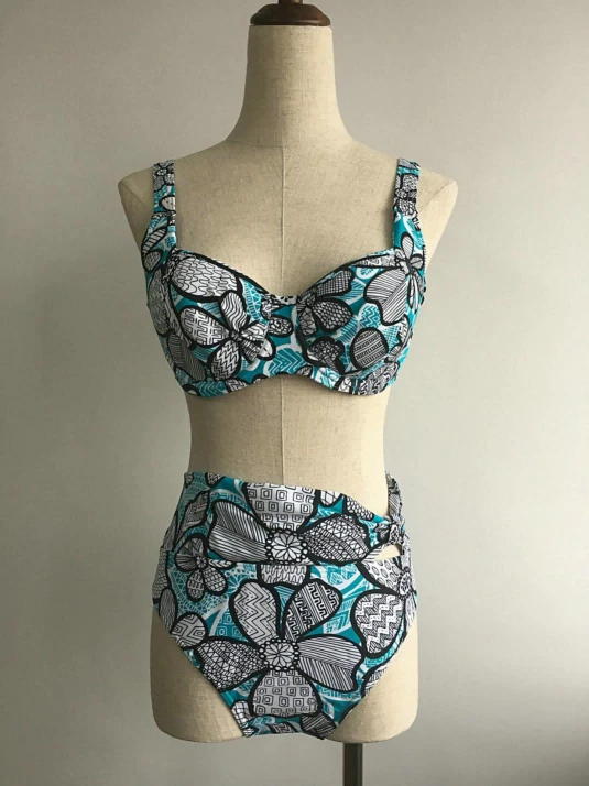 Blue White Geometric Floral Split Bikini High Waist Tummy Control Underwire Push Up Swimwear