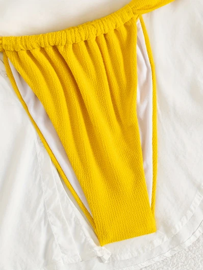 Bright Yellow Crinkle Textured Bikini Set Triangle Cups Adjustable Shoulder Straps High Cut Stretch Fabric Quick-Dry Breathable suppliers