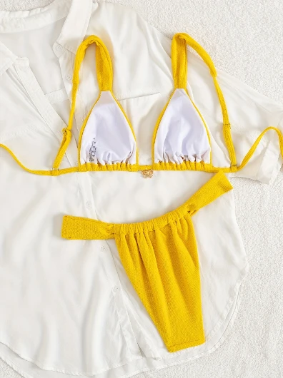 Bright Yellow Crinkle Textured Bikini Set Triangle Cups Adjustable Shoulder Straps High Cut Stretch Fabric Quick-Dry Breathable factory