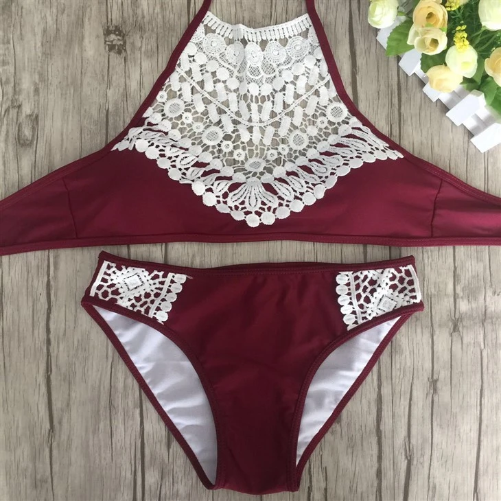 Burgundy Crochet Appliqué Swim Outfit