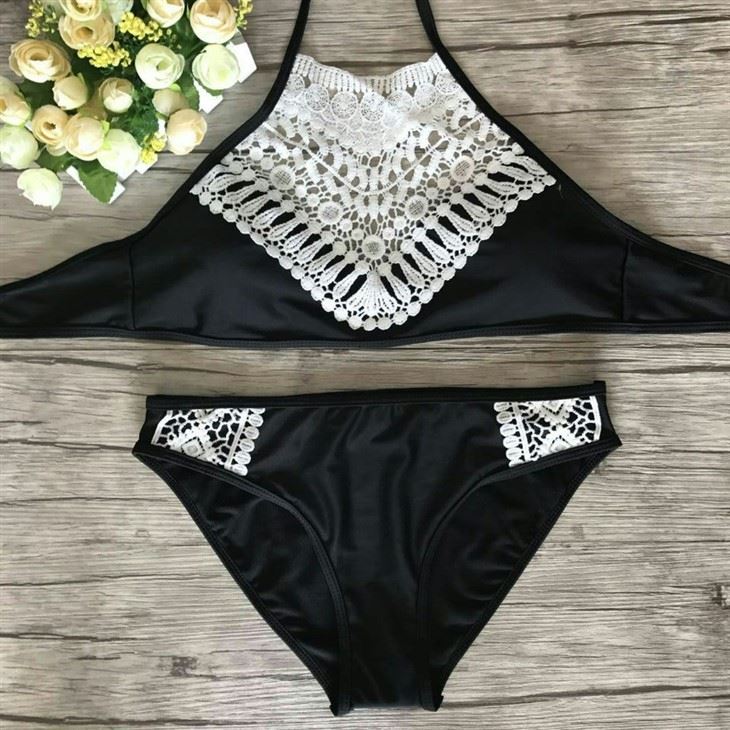 Crochet Lace Inlay Halter Swim Two‑Piece