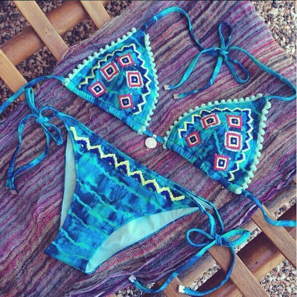 Geo Print Pom Pom Trim Triangle Bikini Set