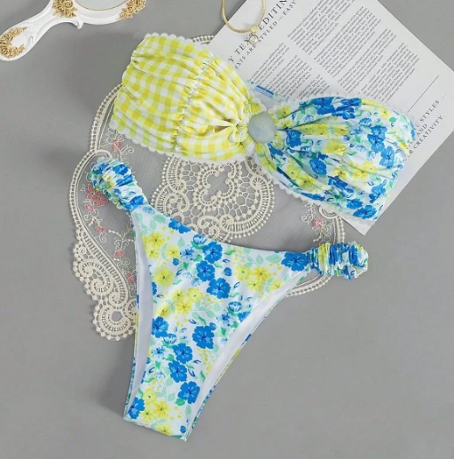 Mismatched Floral Gingham Bandeau Bikini Set