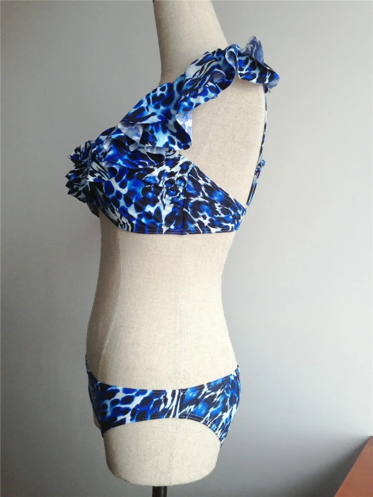 One Shoulder Ruffle Blue Leopard Bikini Set factory One Shoulder Ruffle Blue Leopard Bikini Set factory