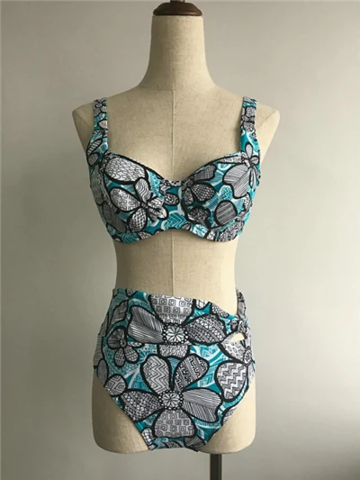 Blue White Geometric Floral Split Bikini High Waist Tummy Control Underwire Push Up Swimwear