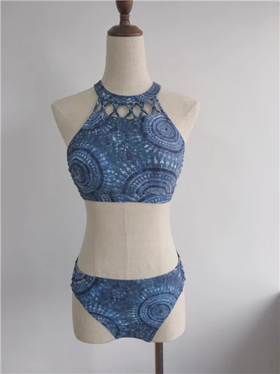 Hollow Halter Neck Boho Print Bikini Set