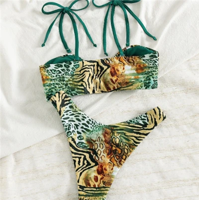 Mixed Animal Print Tie Strap Bikini Set
