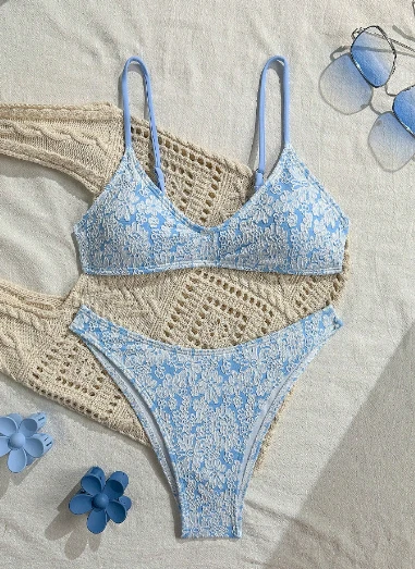 Textured Floral V-neck Bikini Set