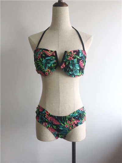 Underwire Leaf Floral Halter Bikini Suit