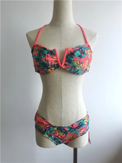 V-Trim Halter Tropical Print Bikini Set