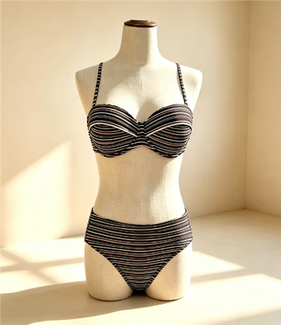 Women Striped Bandeau High‑Waist Two‑Piece Bikini Set Removable Shoulder Straps Swimwear