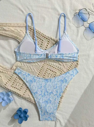 Textured Floral V-neck Bikini Set factory Textured Floral V-neck Bikini Set factory