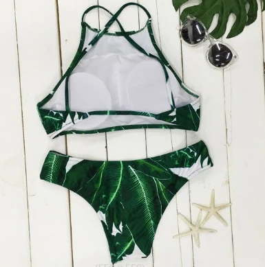 Tropical Banana Leaf Print Halter Bikini Set Crisscross Back High Neck Two-Piece Swimwear Stretch Quick-Dry Breathable Fabric suppliers Tropical Banana Leaf Print Halter Bikini Set Crisscross Back High Neck Two-Piece Swimwear Stretch Quick-Dry Breathable Fabric suppliers