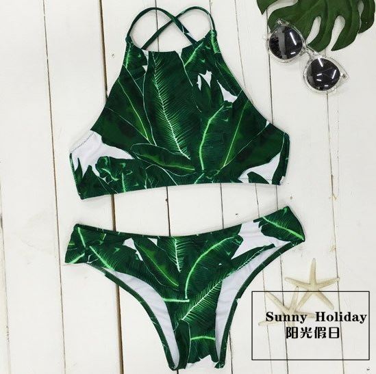 Tropical Banana Leaf Print Halter Bikini Set Crisscross Back High Neck Two-Piece Swimwear Stretch Quick-Dry Breathable Fabric