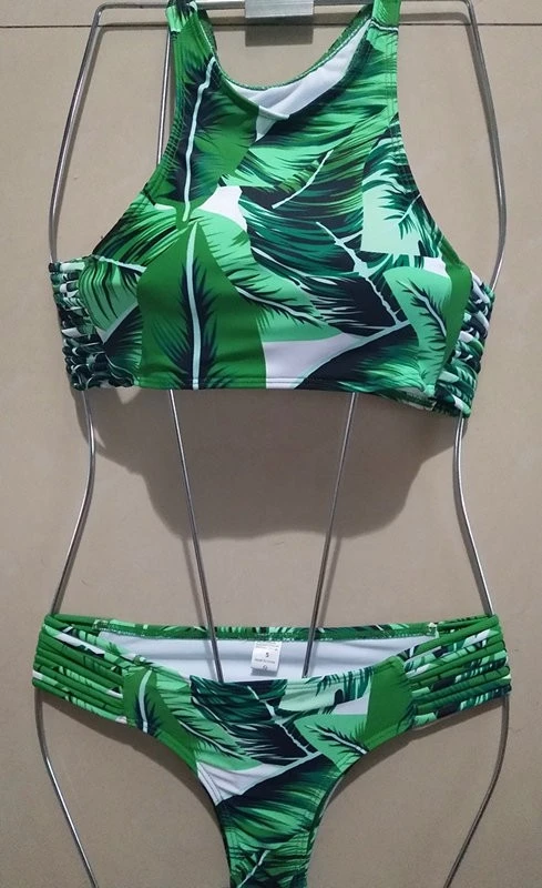 Tropical Banana Leaf Print Stretch Fabric Quick-Dry Bikini Set Side Ruched Tie Detail High Neck Two Piece Bathing Suit Beach suppliers Tropical Banana Leaf Print Stretch Fabric Quick-Dry Bikini Set Side Ruched Tie Detail High Neck Two Piece Bathing Suit Beach suppliers