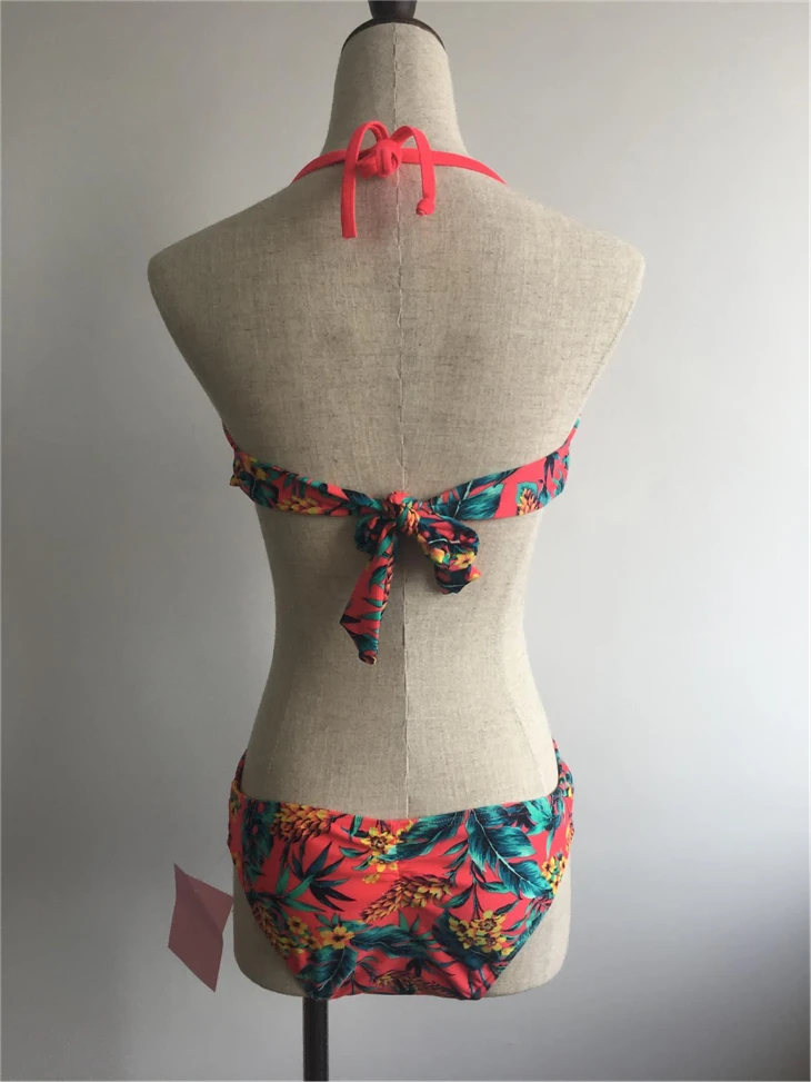 V-Trim Halter Tropical Print Bikini Set factory
