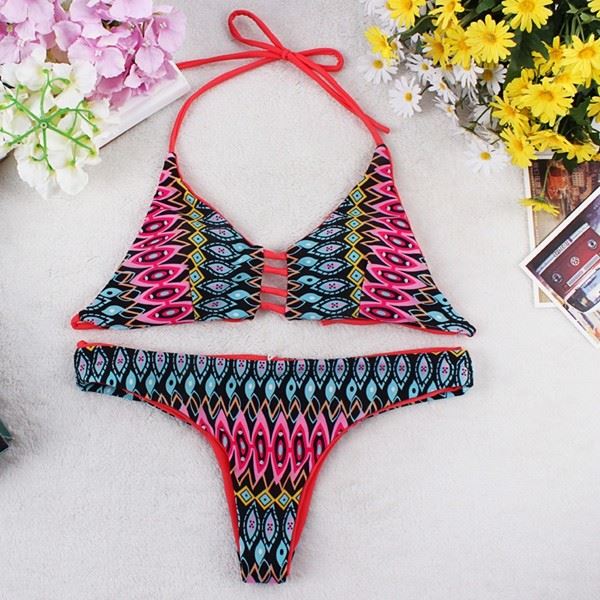 Women Multi‑Print Halter Cut‑Out Bikini Set high quality